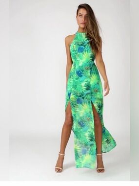 Lulu's Green Tropical Halter Maxi Dress with Double Slits